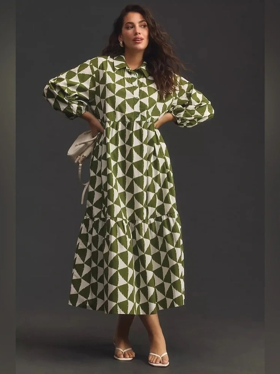 Anthropologie Dresses & Skirts - Anthropologie Olive and White Geometric Collared Bettina Maxi Dress